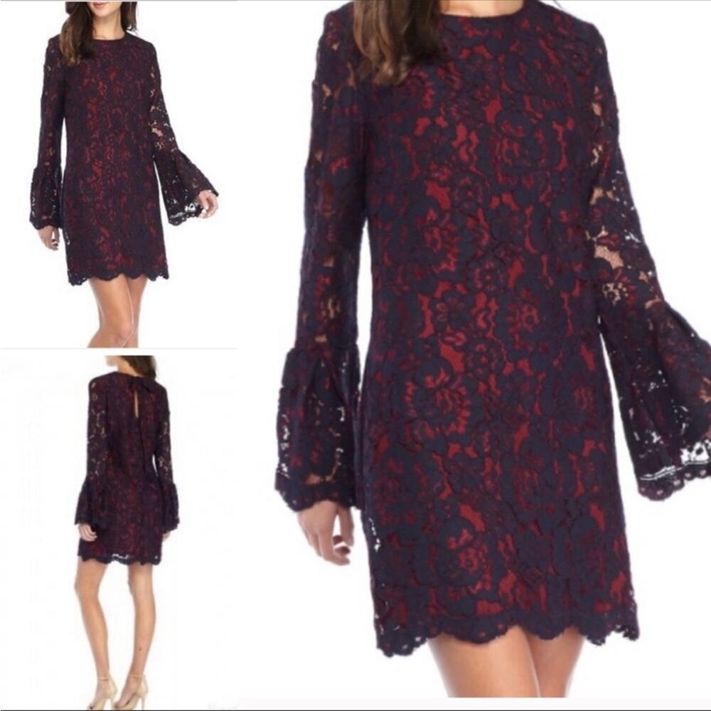 Wayf Navy Lace Mini Dress with Burgundy Underlay